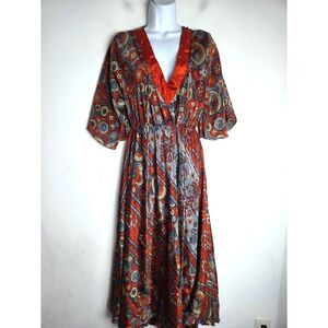 MT Collections Red Blue Taperstry Print Silk Blend V-Neck Midi Dress size Large